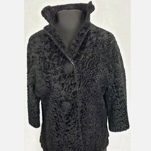 Vintage 50s Persian Curly Sheep Lambs Wool Sheared Fur Coat 3/4 Sleeve Black S